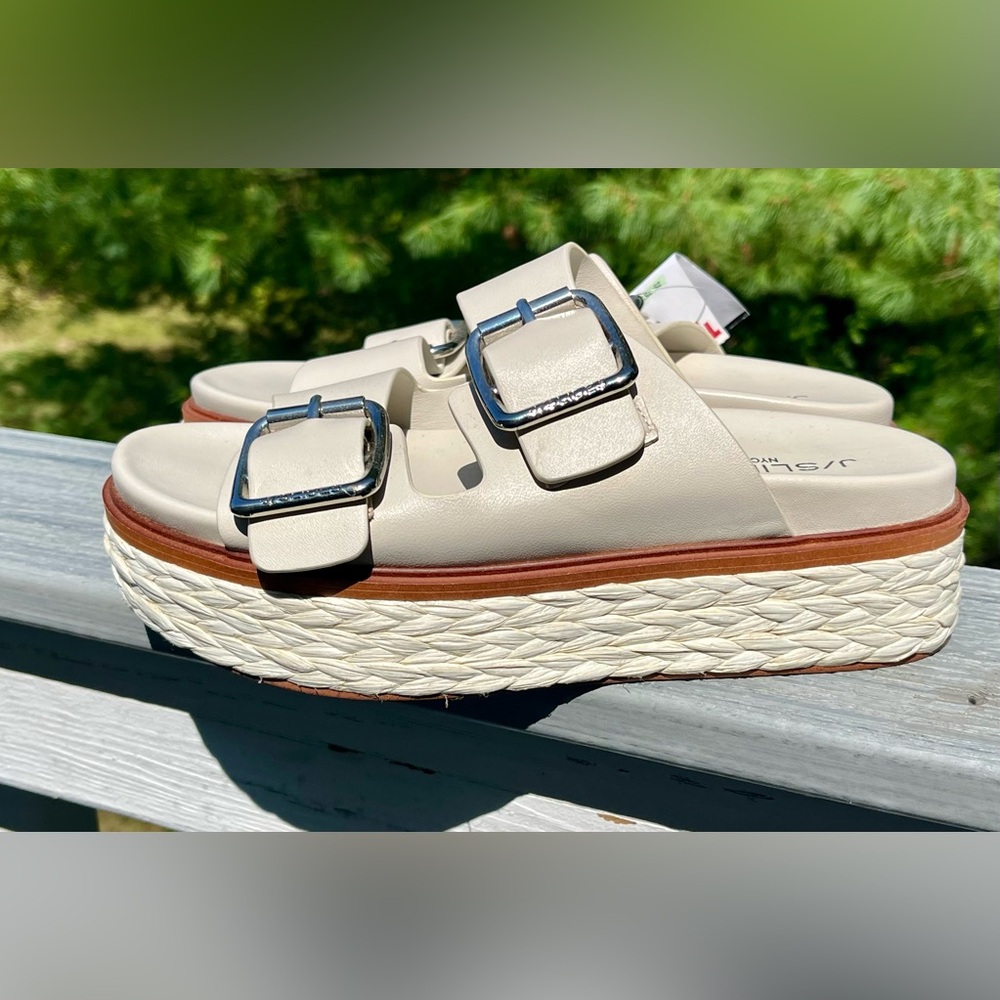 J/SLIDES NYC Bonnie Double Buckle Platform Slide Sandals - Bone Leather Size 7 - Picture 4 of 9
